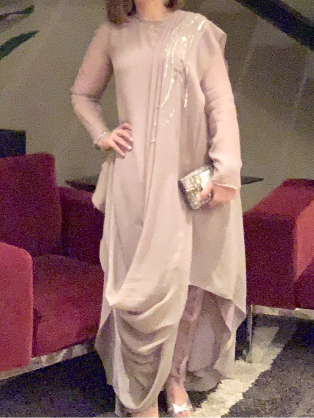 Elegant Women's Long Sleeve Draped Maxi Dress in Dusty Rose